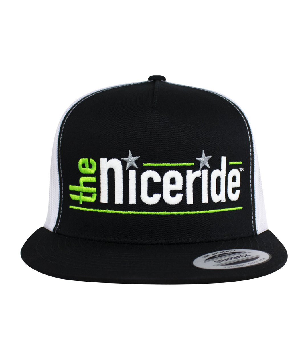 Black NICERIDE trucker hat with embroidered logo for hat enthusiasts.