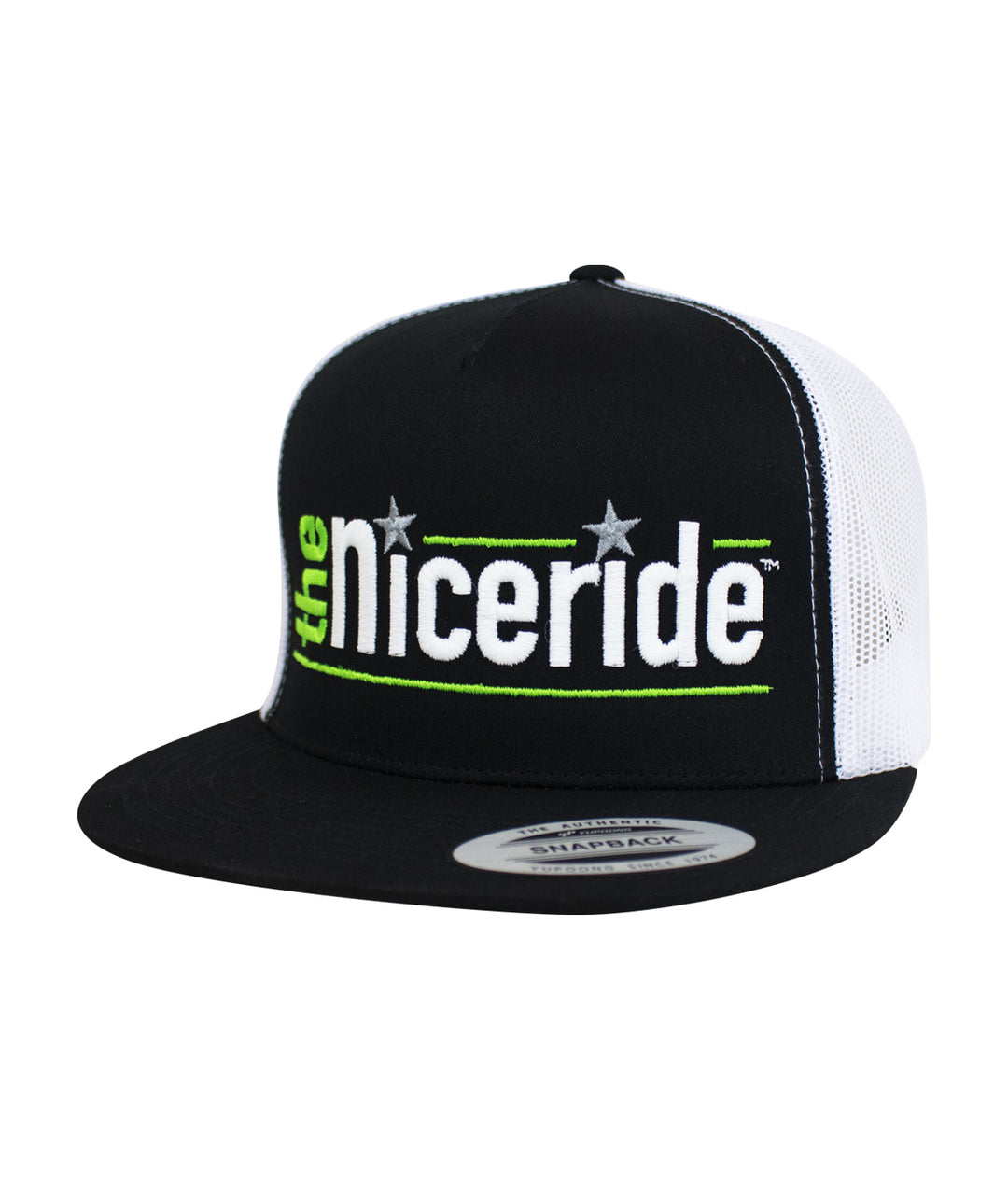 Black and white trucker hat with NICERIDE logo, snapback style, perfect for casual wear.