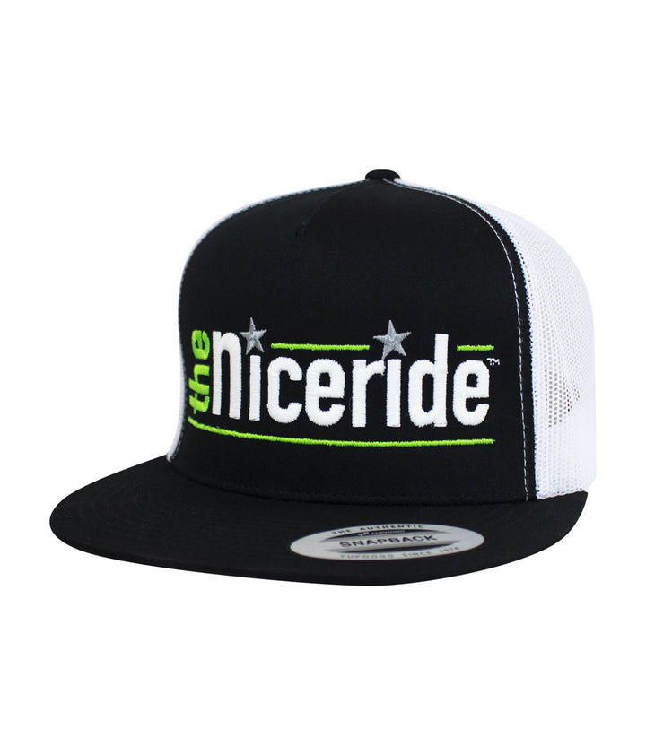 Black and white trucker hat with NICERIDE logo, snapback style, perfect for casual wear.