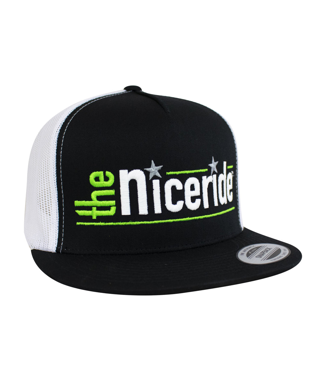 Black and white trucker hat featuring NICERIDE logo embroidered on the front panel, ideal casual wear.
