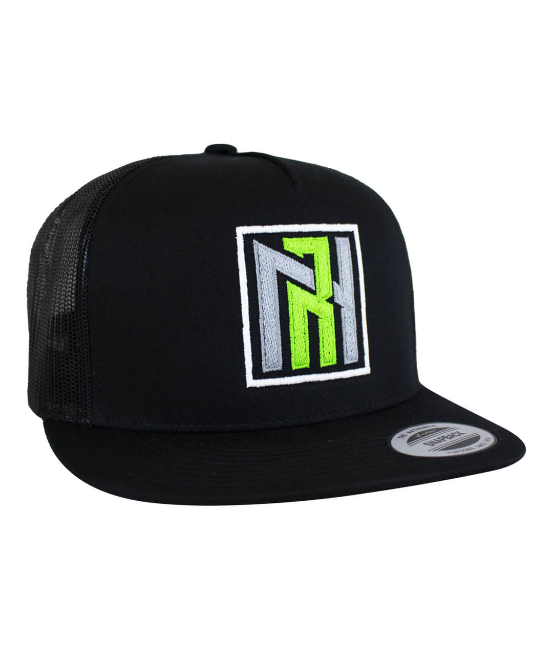 N-R Orange Trucker Baseball Hat with an embroidered logo in green and gray on a black cap, featuring a classic snapback design.