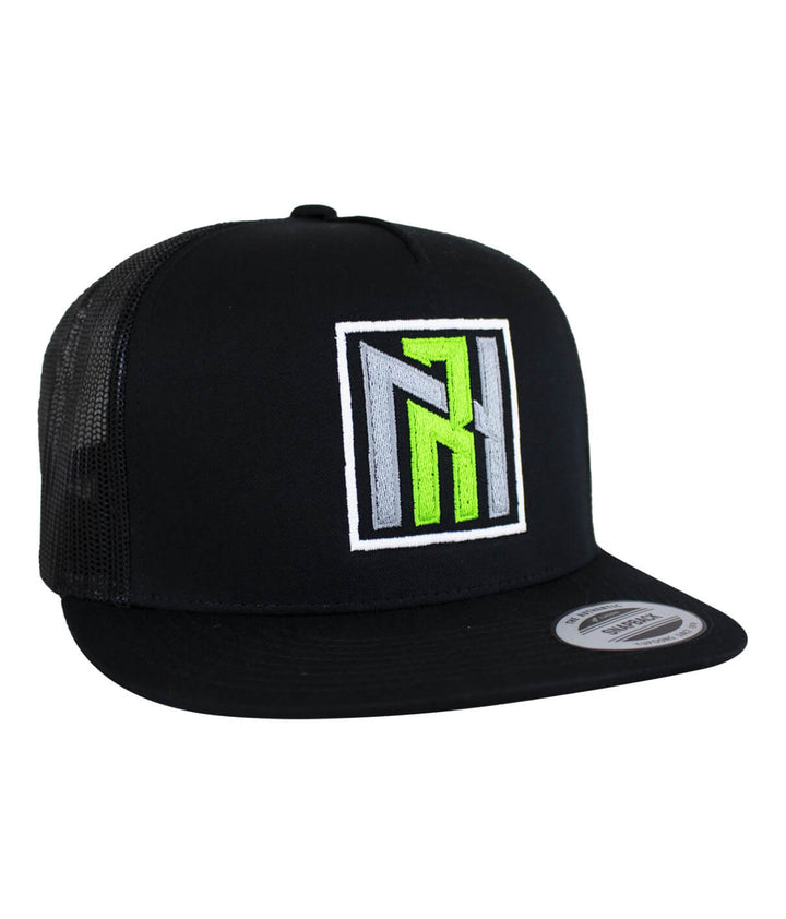 N-R Orange Trucker Baseball Hat with an embroidered logo in green and gray on a black cap, featuring a classic snapback design.