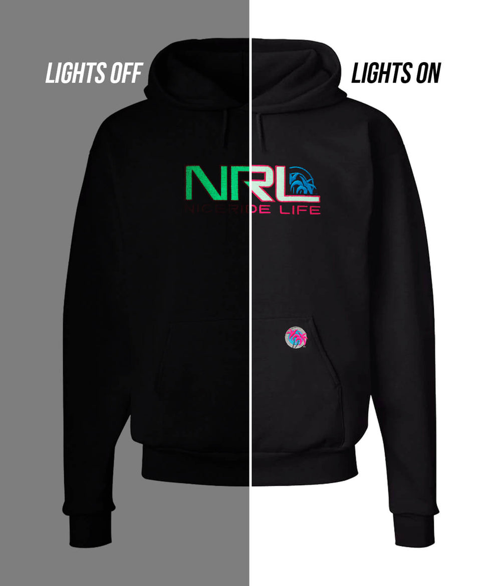 Bulls Eye black pullover hoodie for men and women with lights off and on effect, featuring NICERIDE's design and palm logo.