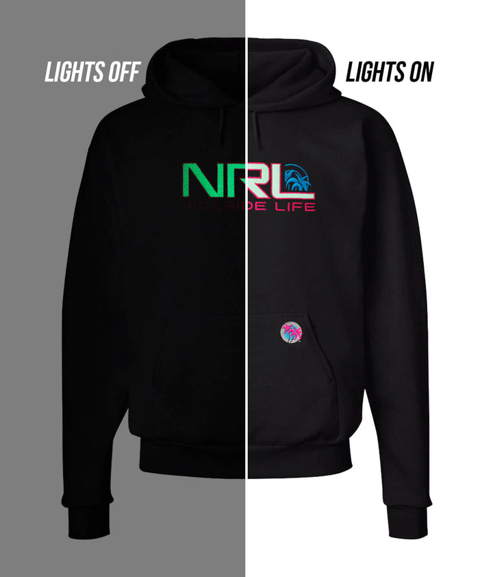 Bulls Eye black pullover hoodie for men and women with lights off and on effect, featuring NICERIDE&
