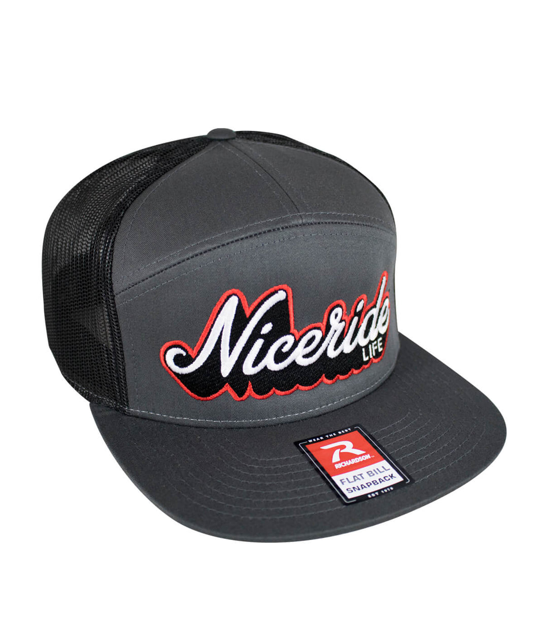 Half Pipe 7 Panel Trucker Snapback Hat for men and women featuring NICERIDE embroidery design.