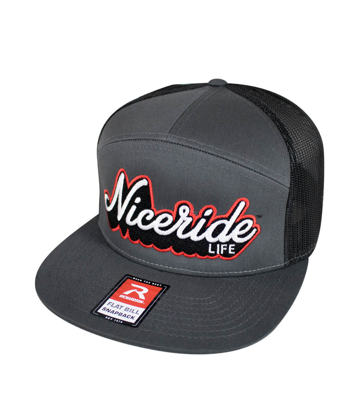 Half Pipe 7 Panel Trucker Snapback Hat for Men And Women, featuring NICERIDE design and flat bill.