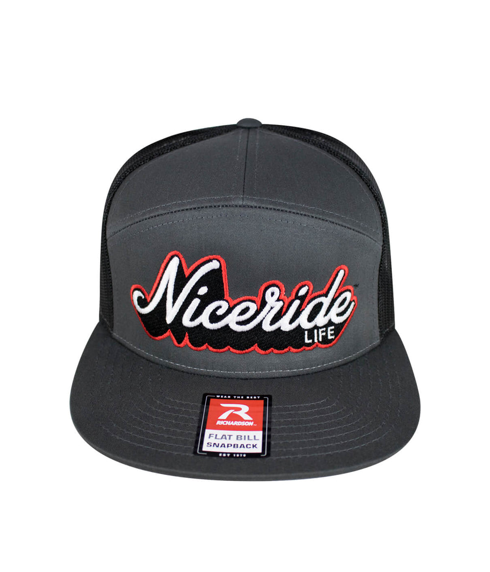 Half Pipe 7 Panel Trucker Snapback Hat for Men and Women with NICERIDE Life embroidery design.