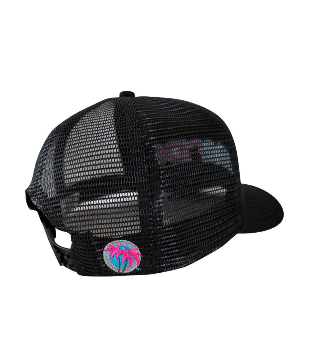 Back view of the Bold Tower black foam trucker hat showcasing the black mesh design and palm logo.