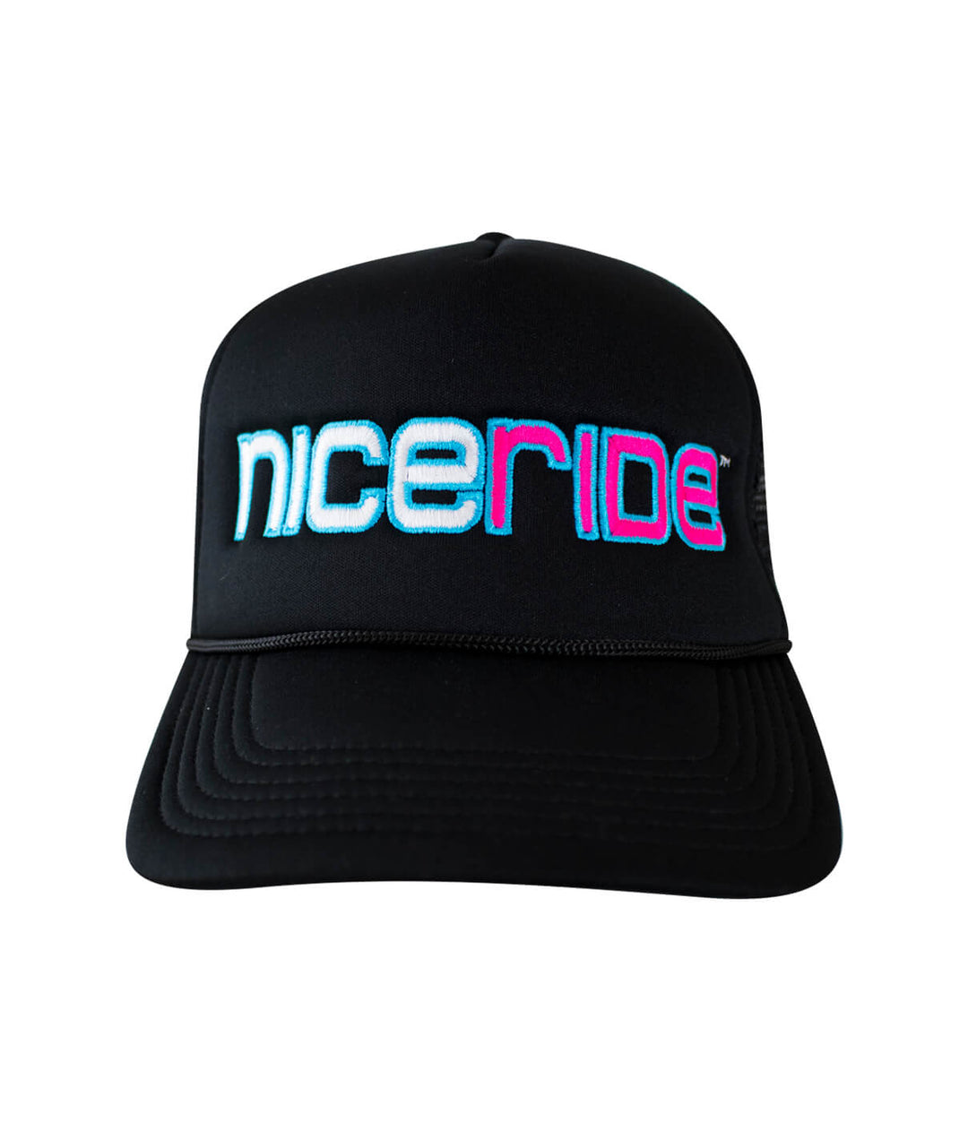 Bold Tower Black Foam Trucker Hat featuring NICERIDE logo, perfect for stylish headwear, high-quality hat.