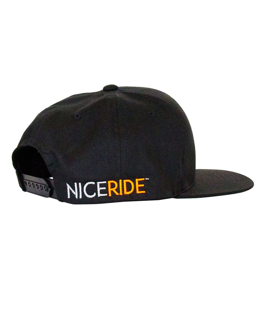Back view of N-R Youth Snapback Hat featuring NICERIDE logo in orange thread on a black baseball cap.