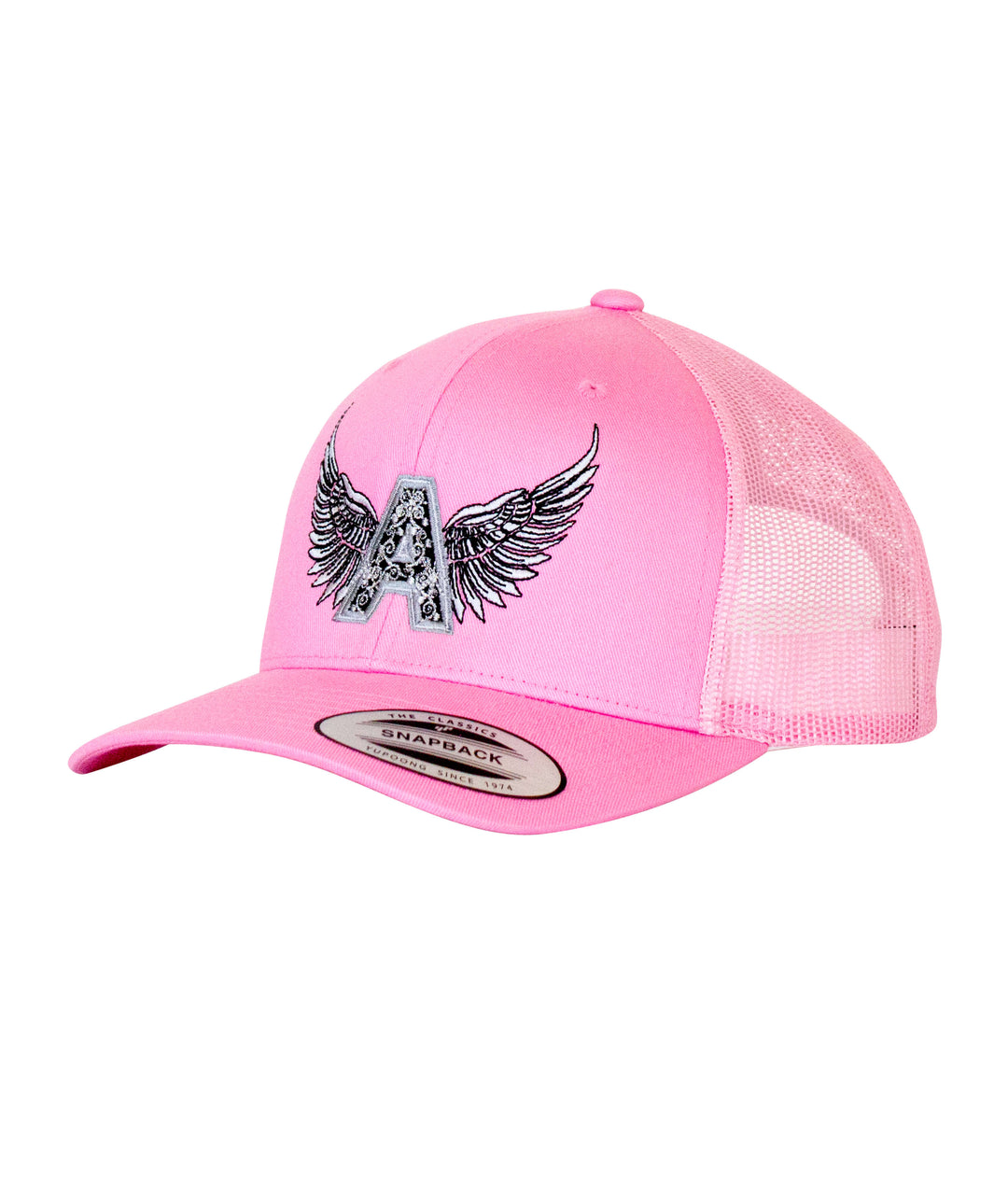 Angel Pink Retro Trucker Hat with wings logo on front, part of NICERIDE&