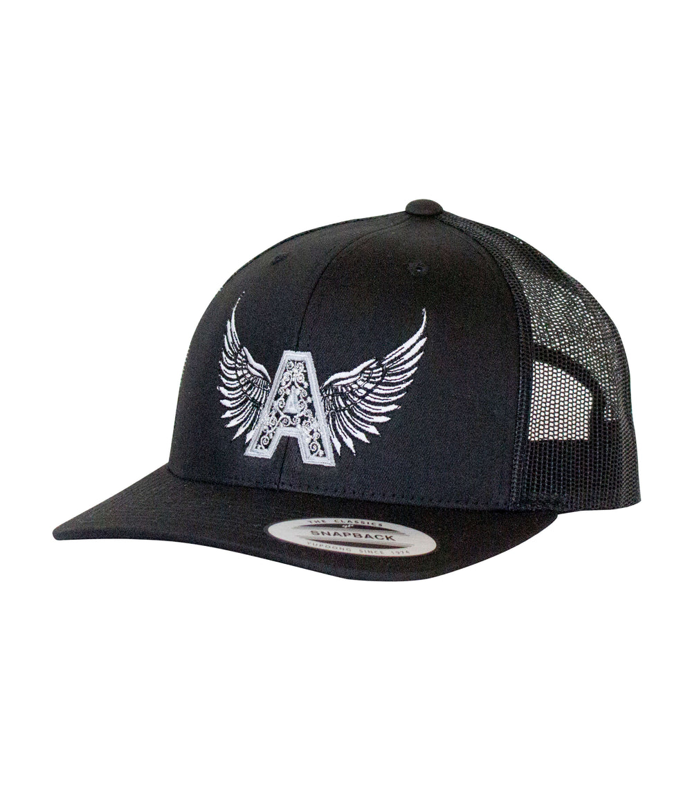 Angel Black Retro Trucker Hat with NICERIDE's Arie's Army logo and palm logo, perfect for any casual outfit.