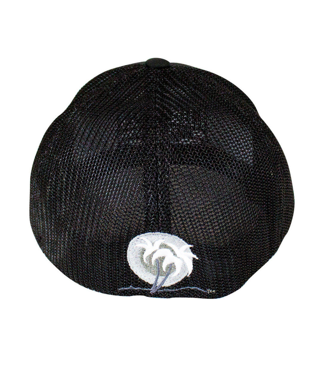 Back view of the Good Times meshback Flexfit hat featuring blacked out palm logo with white leaves.