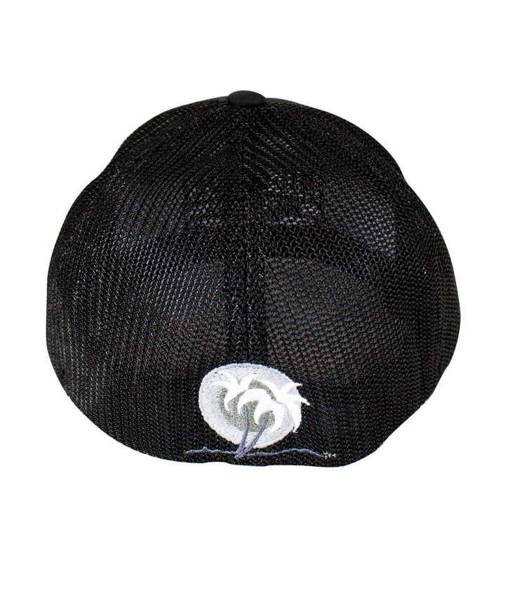 Back view of the Good Times meshback Flexfit hat featuring blacked out palm logo with white leaves.
