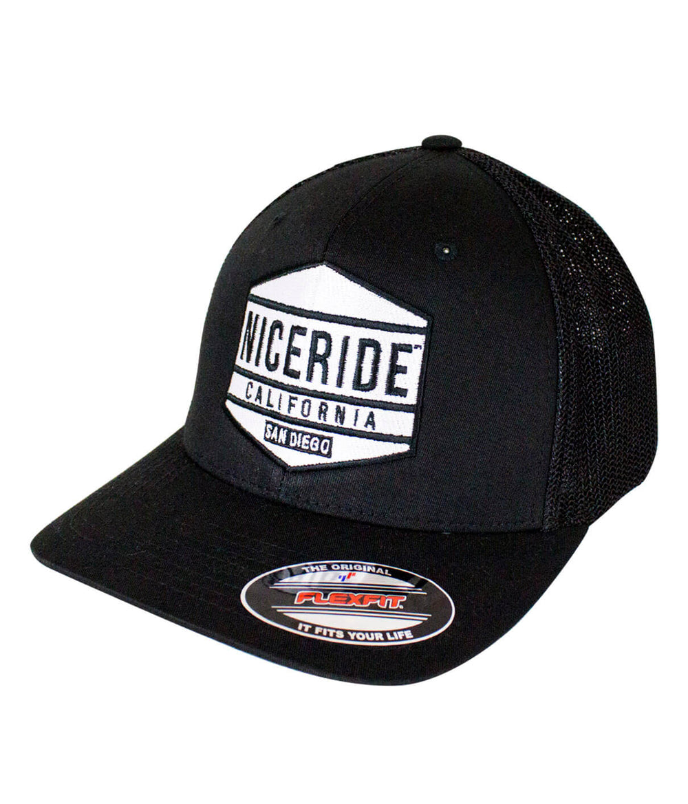 Good Times Meshback Flexfit Baseball Cap, hat with NICERIDE design, black mesh back, stylish black and white