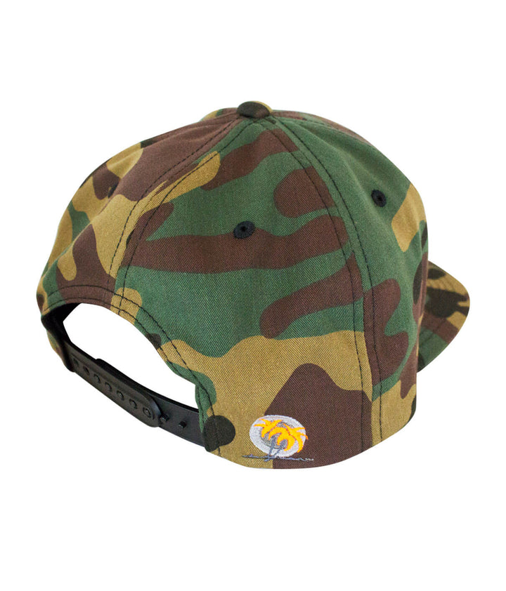 Back view of a camouflage hat featuring a palm logo on the side.