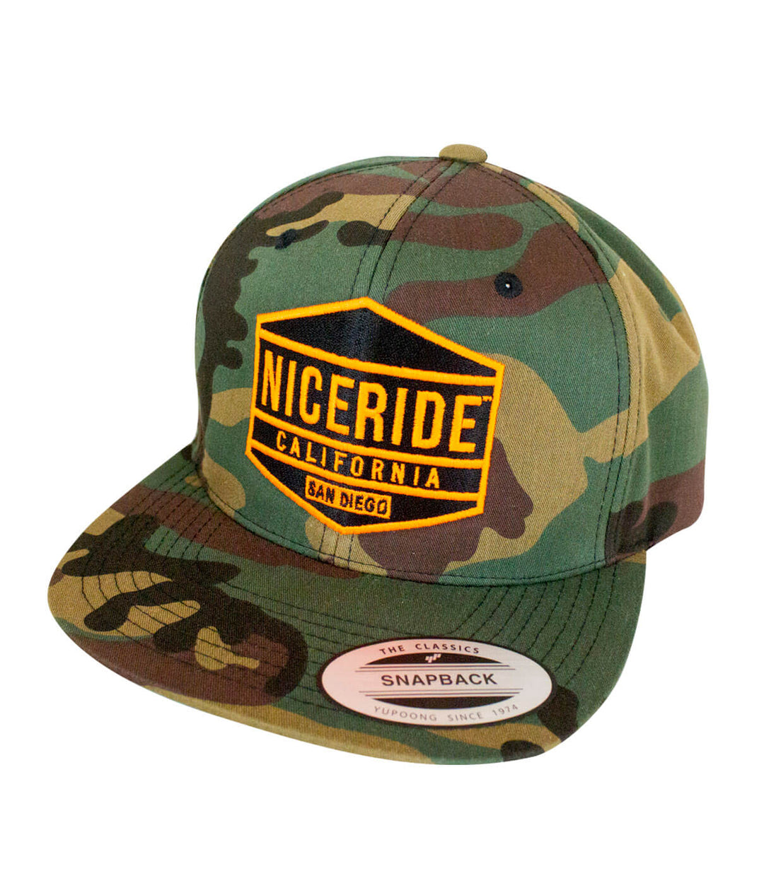 NICERIDE California camo snapback hat with bold logo embroidered on the front panel.