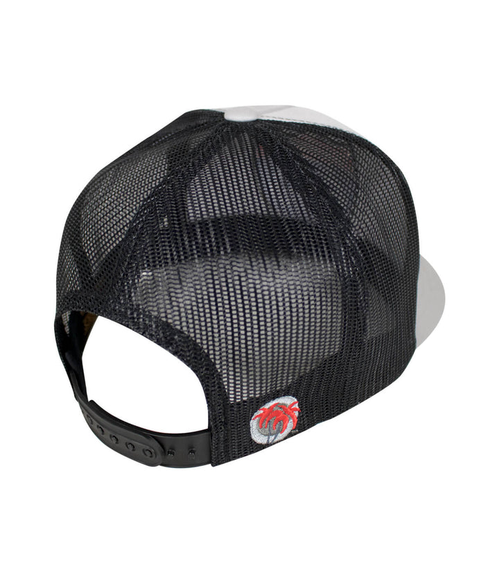 Back view of the Interstate 619 Trucker Cap showing the black mesh and palm logo, a stylish hat for everyday wear.