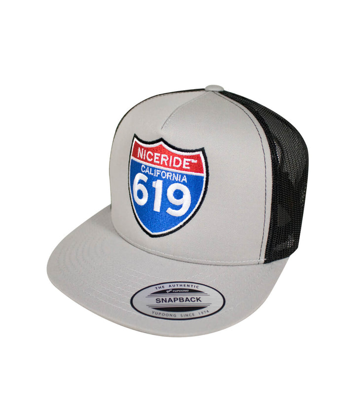 Interstate 619 trucker cap with NICERIDE logo, gray hat with embroidered details, snapback design.