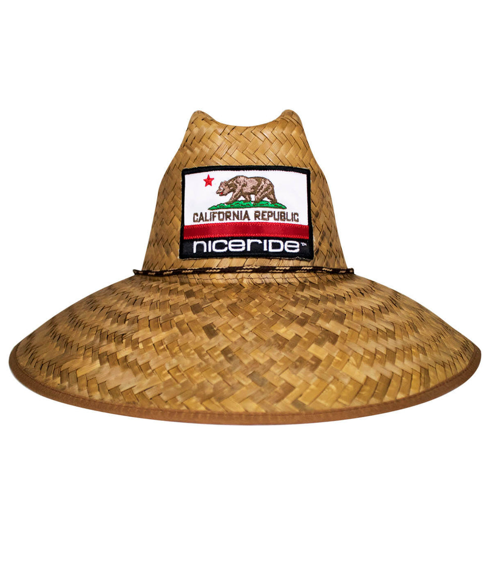 CALIFORNIA FLAG straw sun hat, hand woven with UV protection, ideal unisex beach hat by NICERIDE.