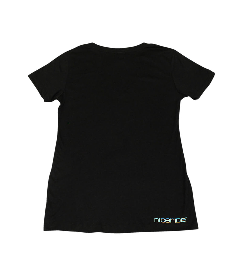Back view of the Por Favor black shirt showcasing NICERIDE logo on the right hip.