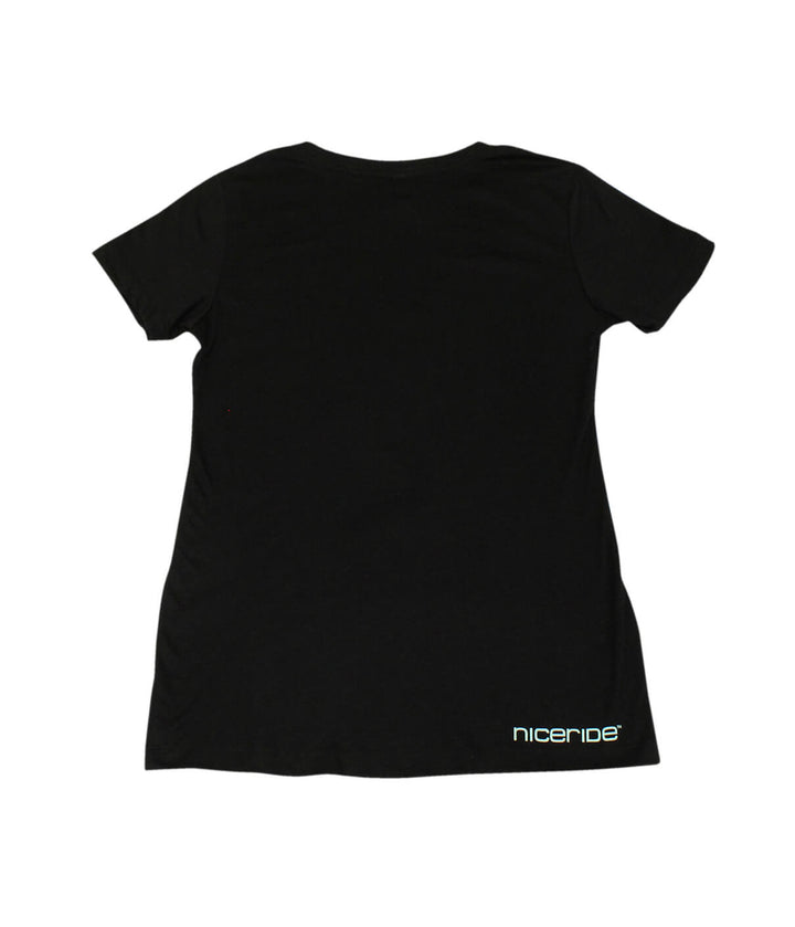 Back view of the Por Favor black shirt showcasing NICERIDE logo on the right hip.