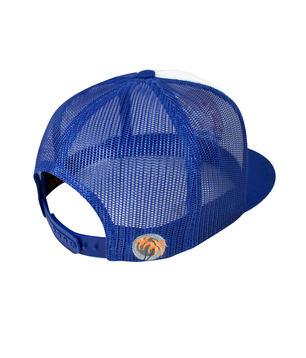 Back view of Pair-a-Dice trucker hat featuring blacked out palm logo, showcasing the stylish mesh design.