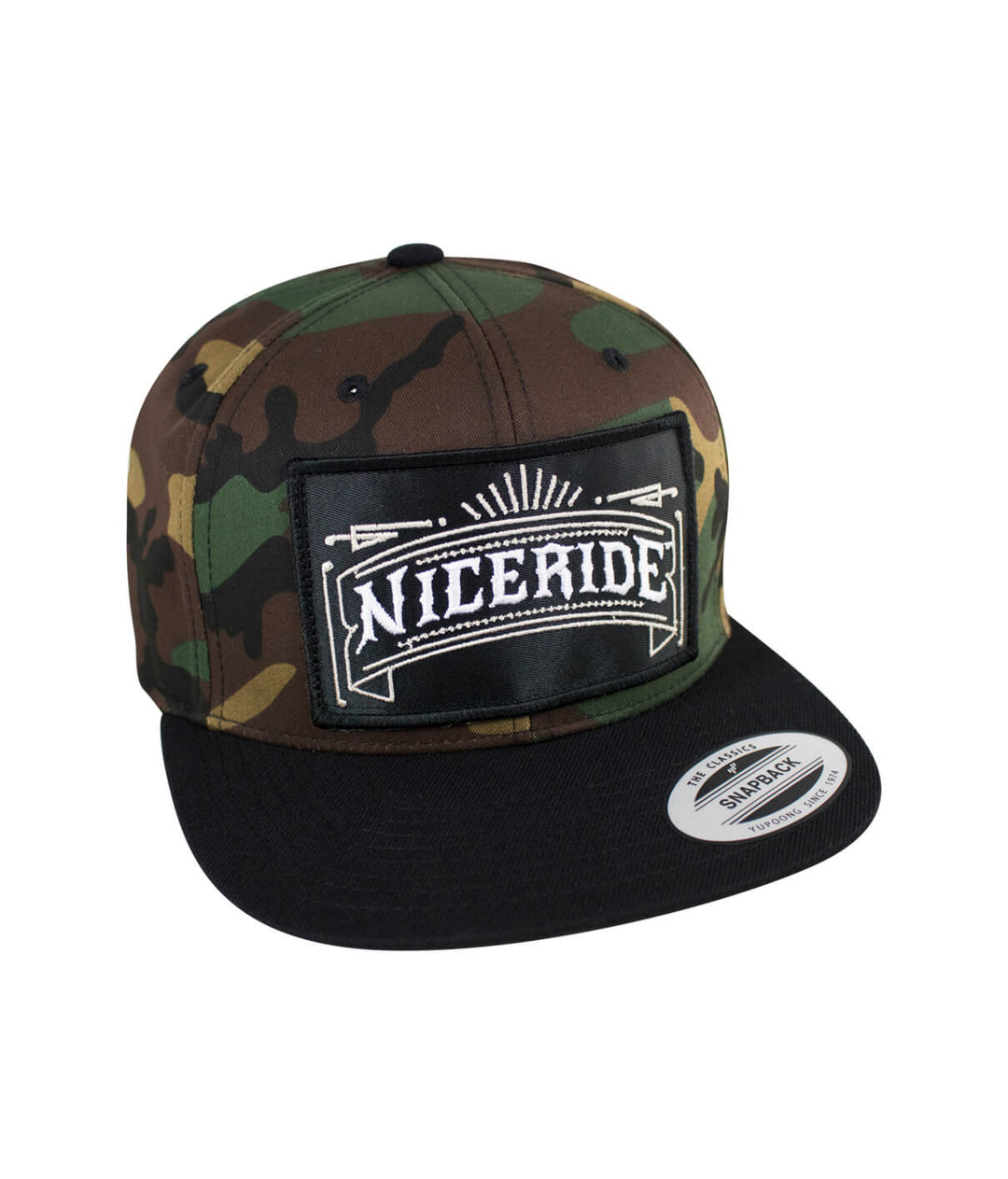Cholo patch camo snapback hat featuring NICERIDE logo on the front and camouflage pattern.