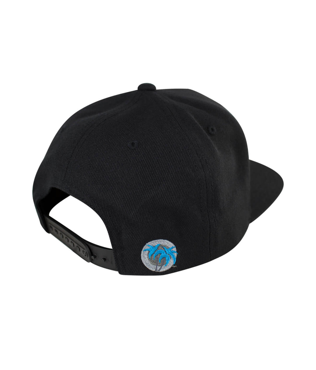 Back view of a black snapback hat showcasing the embroidered Blue Palm Logo on the right side.