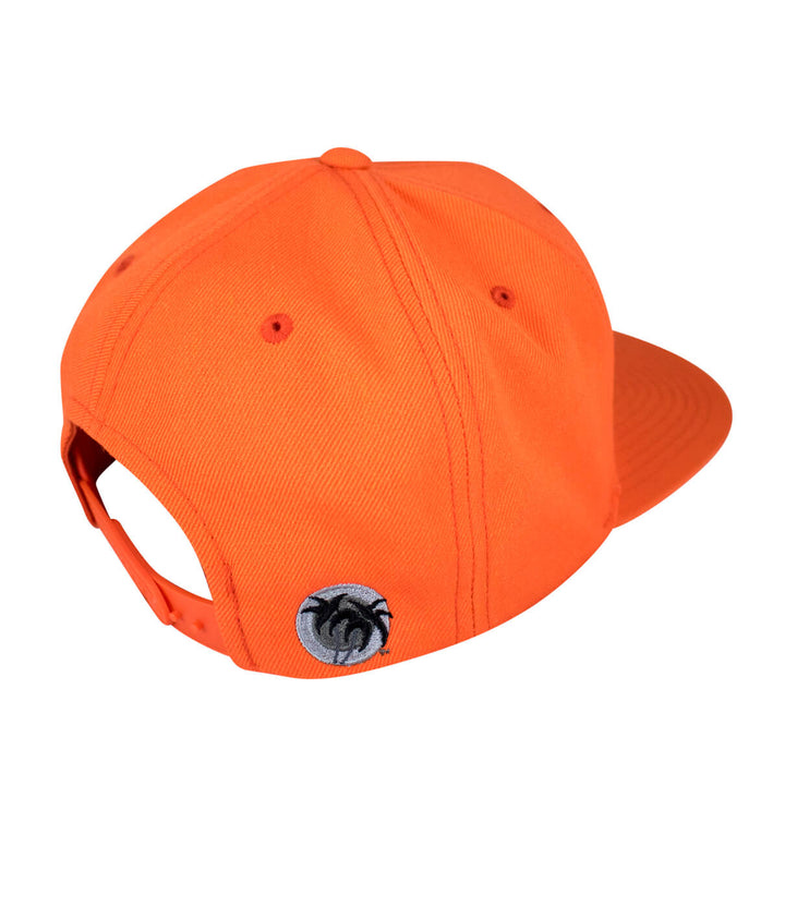Back view of the Maze Snapback hat showcasing blacked out palm logo and vibrant orange color.