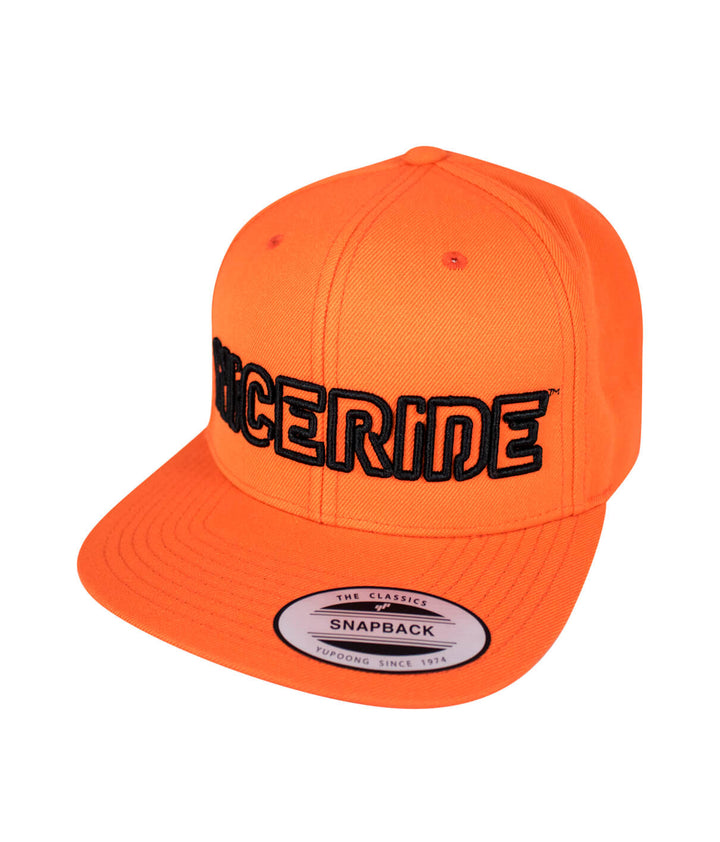 NICERIDE orange snapback hat showcasing embroidered logo, perfect for casual wear and style.