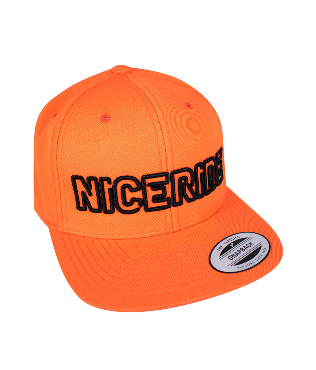 NICERIDE orange snapback hat featuring bold embroidered logo, perfect accessory for casual style.