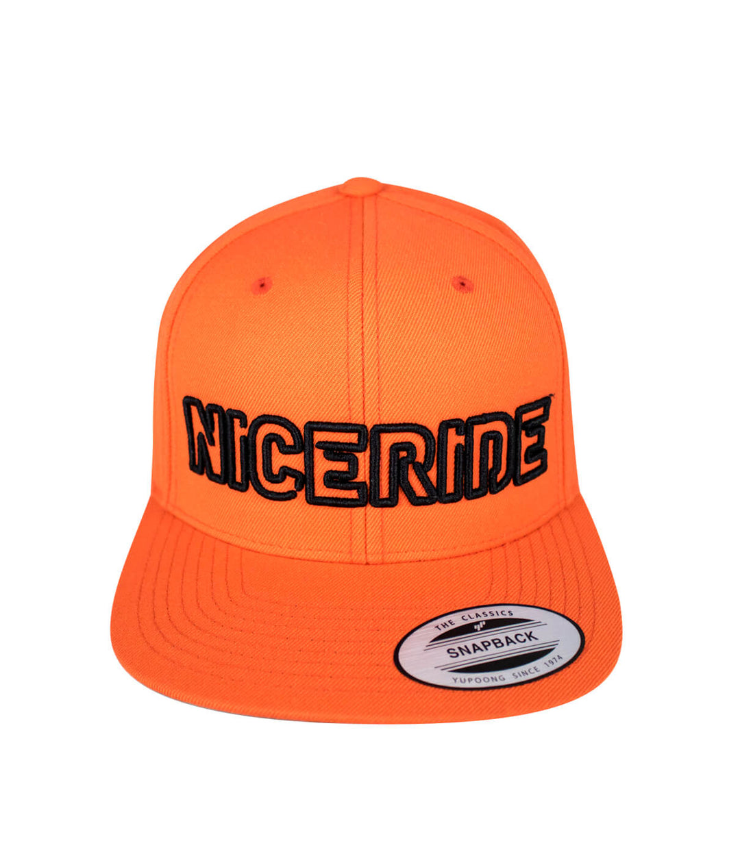 Bright orange snapback hat with NICERIDE embroidered logo on the front, featuring the focus keyword &
