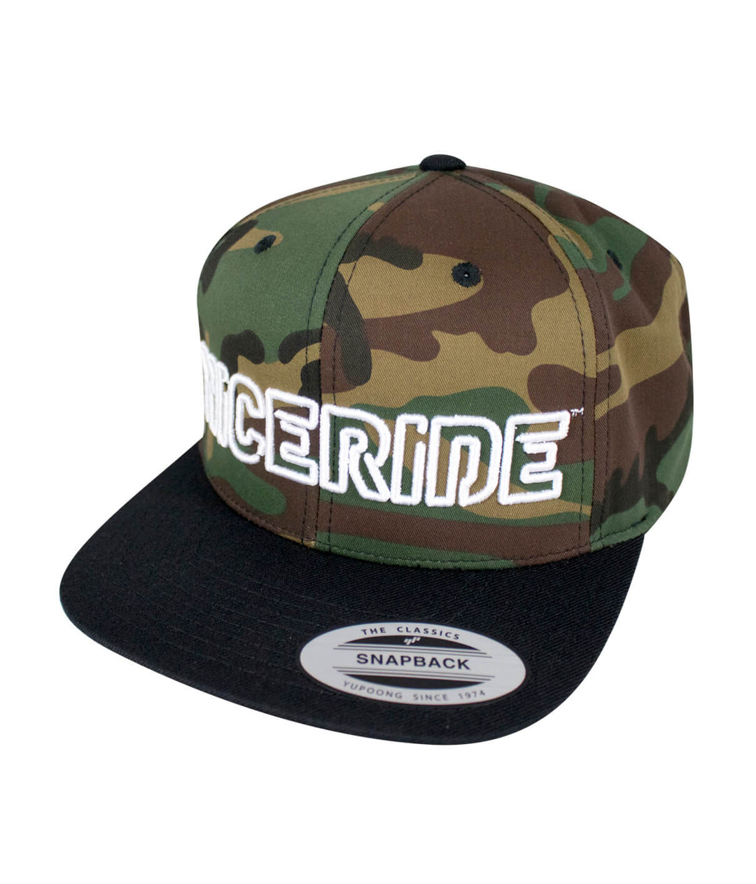 Maze snapback hat featuring NICERIDE design in camouflage pattern and black brim.