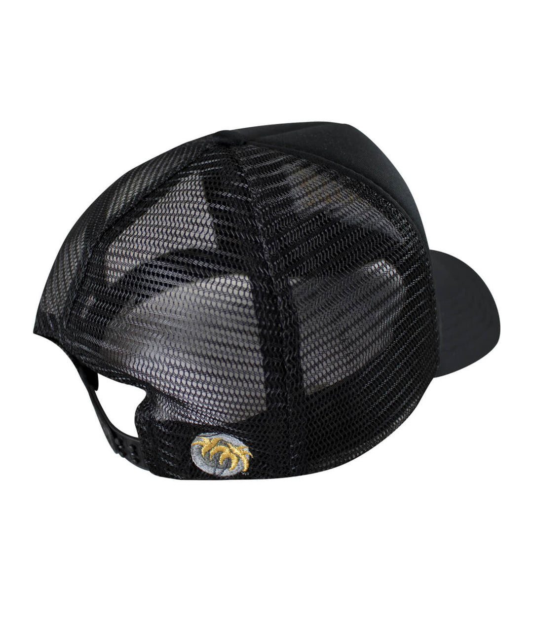 Back view of a black Foam Trucker Hat featuring a palm logo, ideal hat for outdoor activities.