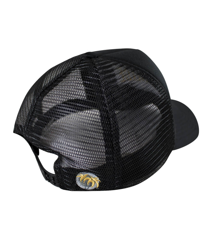 Back view of a black Foam Trucker Hat featuring a palm logo, ideal hat for outdoor activities.