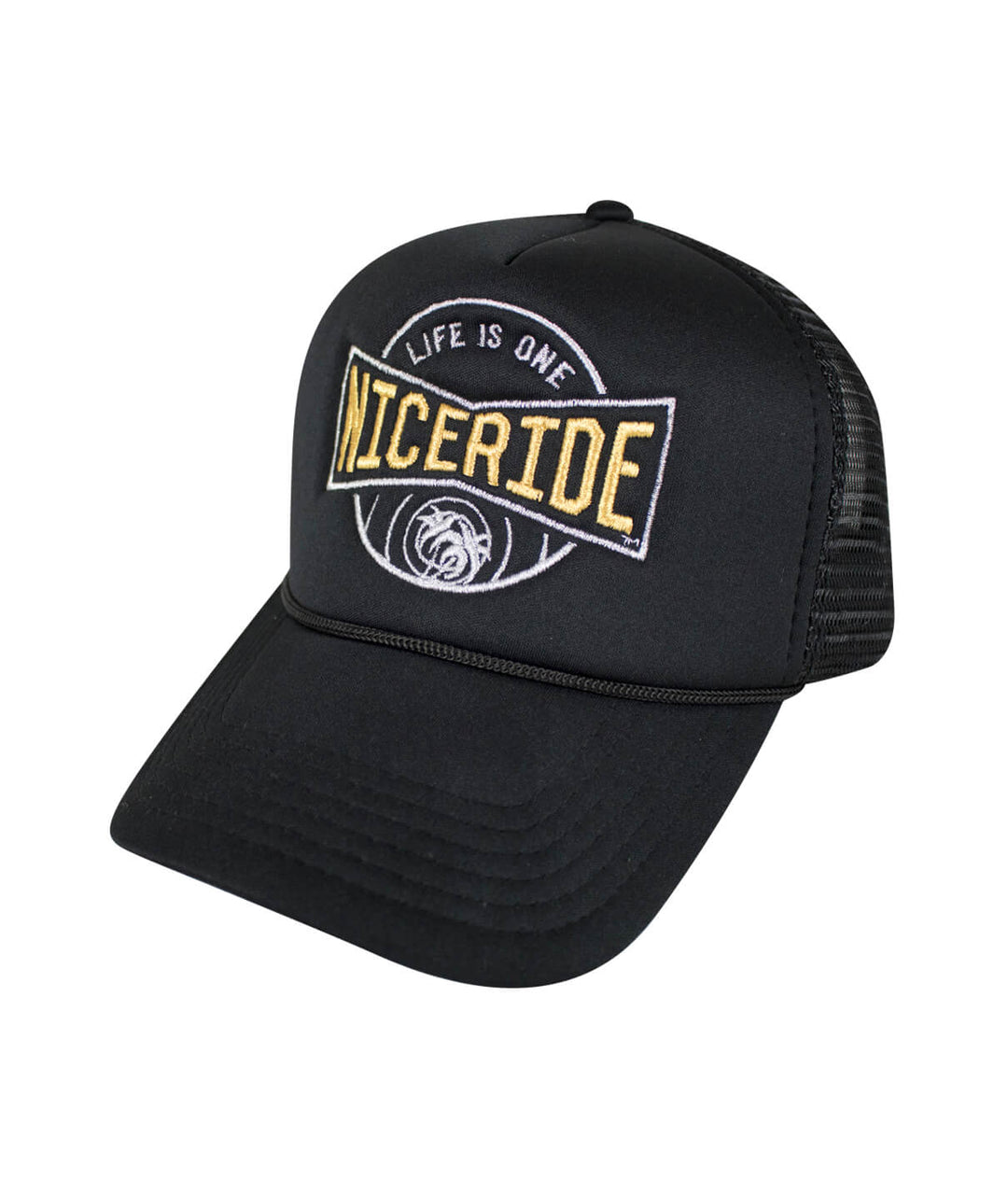 Black Foam Trucker Hat with NICERIDE logo embroidered, perfect stylish hat for casual wear.