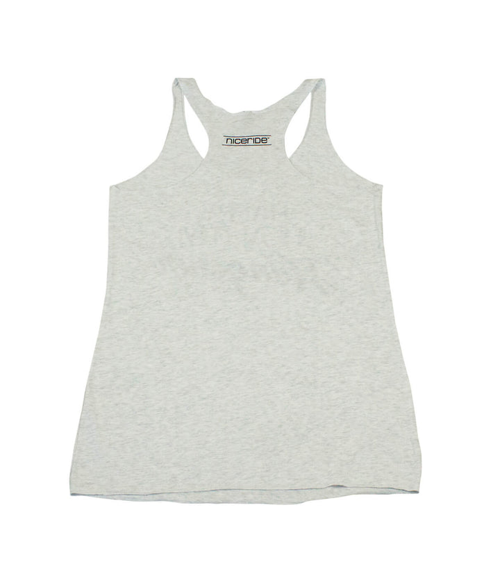 Happy Healthy Hungover tank top in heather gray with racerback design and NICERIDE logo.