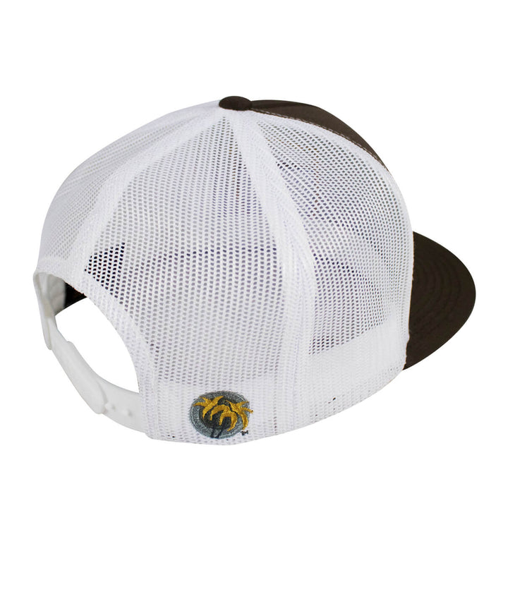 Back view of the Majesty trucker hat with a white mesh and brown bill, featuring NICERIDE logo.