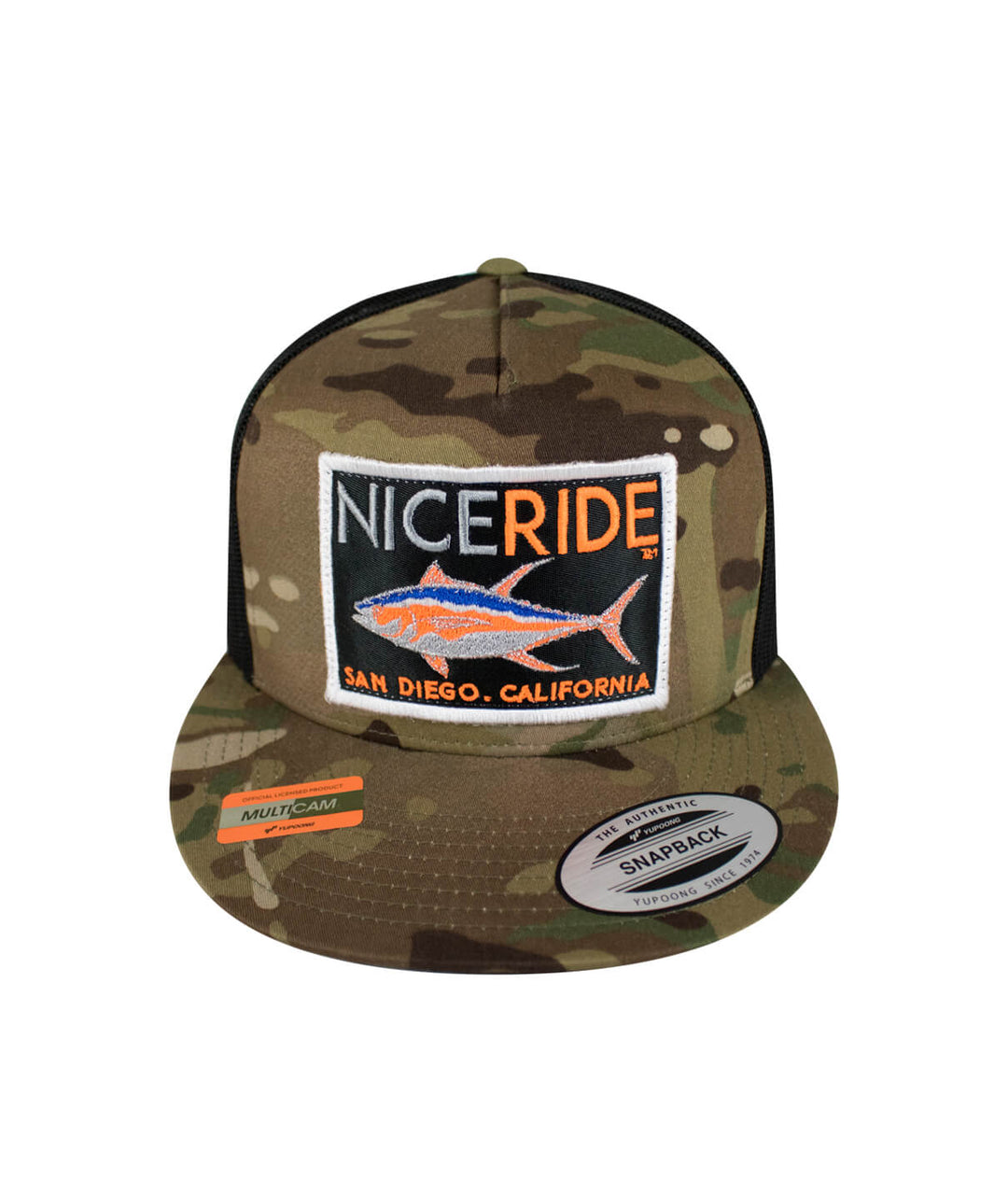 NICERIDE camo snapback hat with embroidered San Diego patch and fish design on the front.