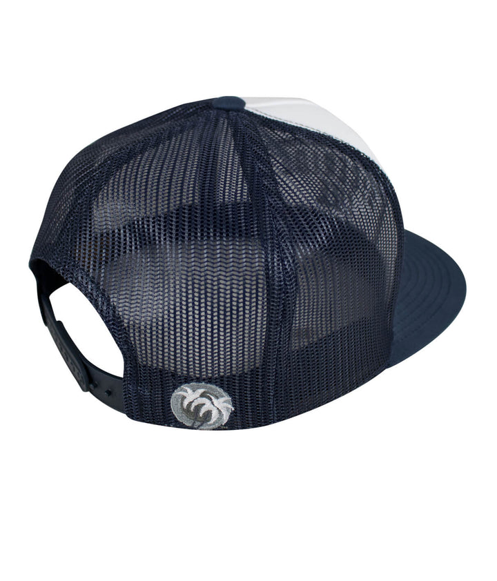 Back view of a Grinder Trucker Hat with a palm logo, featuring mesh design and navy color.