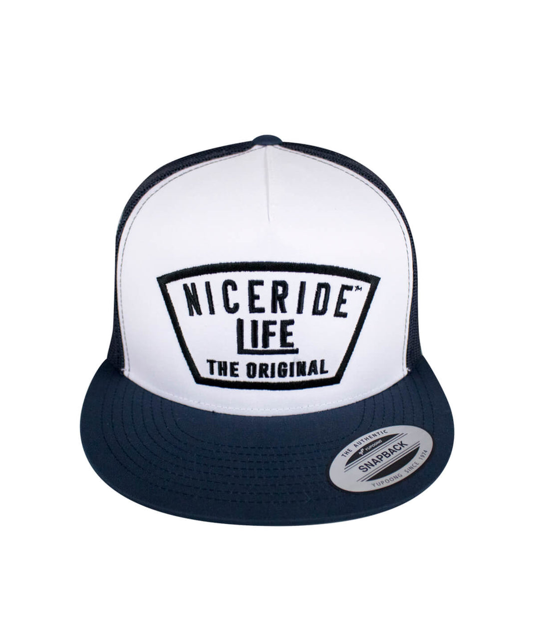 NICERIDE Life The Original snapback trucker hat with white front and navy blue brim, featuring bold embroidered logo.