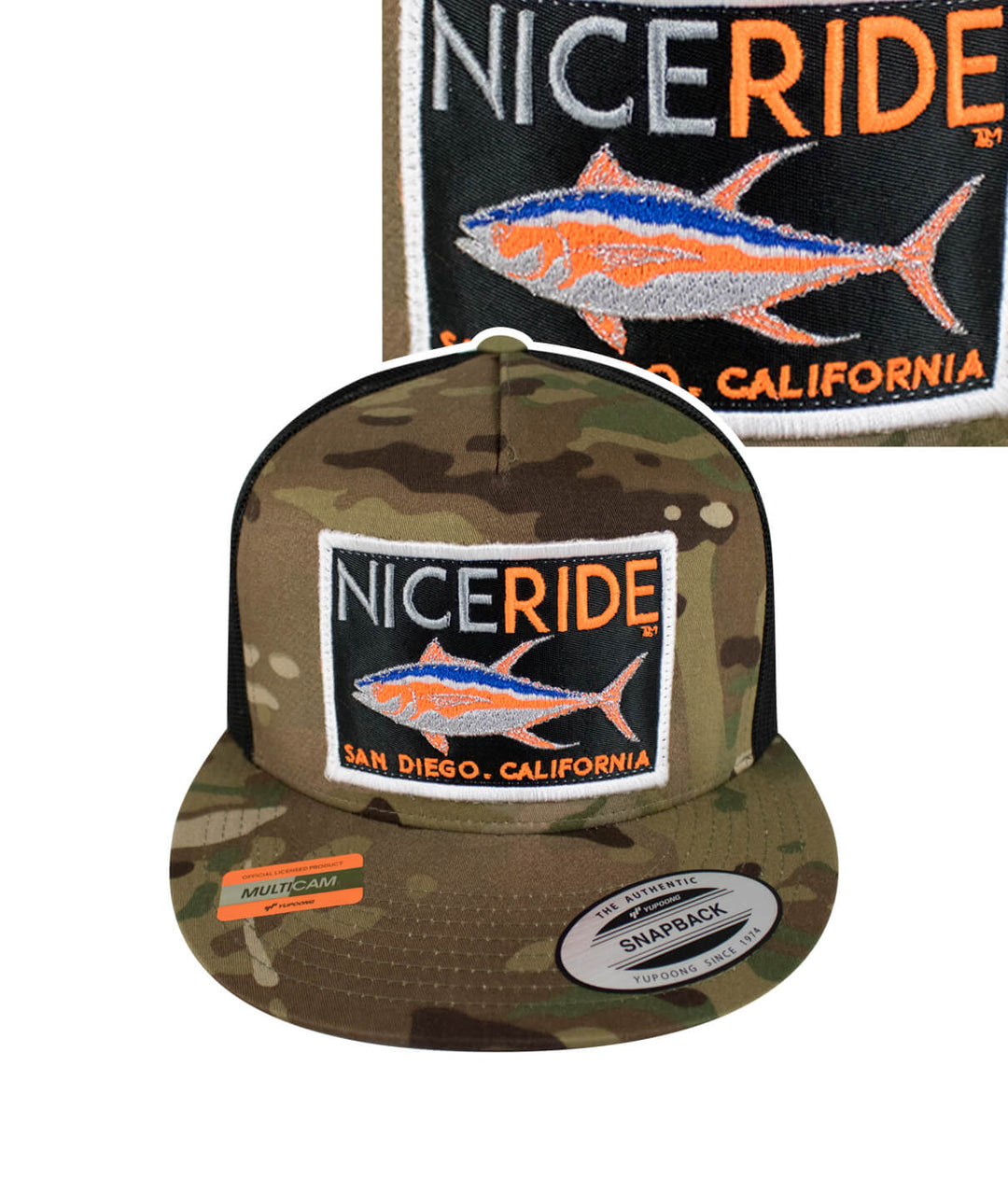 NICE RIDE Multi-Cam Snapback Trucker Hat featuring embroidered logo and vibrant fish design.