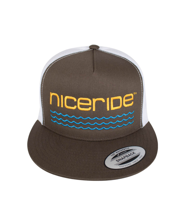 On The Water - Center trucker baseball cap with NICERIDE logo and wave design, perfect hat for outdoor enthusiasts.