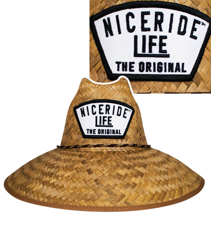 Grinder straw sun hat by NICERIDE, hand woven with UV protection and an elasti-fit sweatband, ideal for beach and outdoor work.