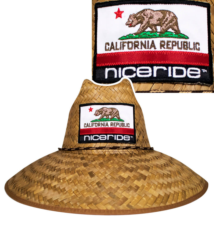 CALIFORNIA FLAG straw sun hat with NICERIDE patch for beach use, featuring UV protection and a wide brim.