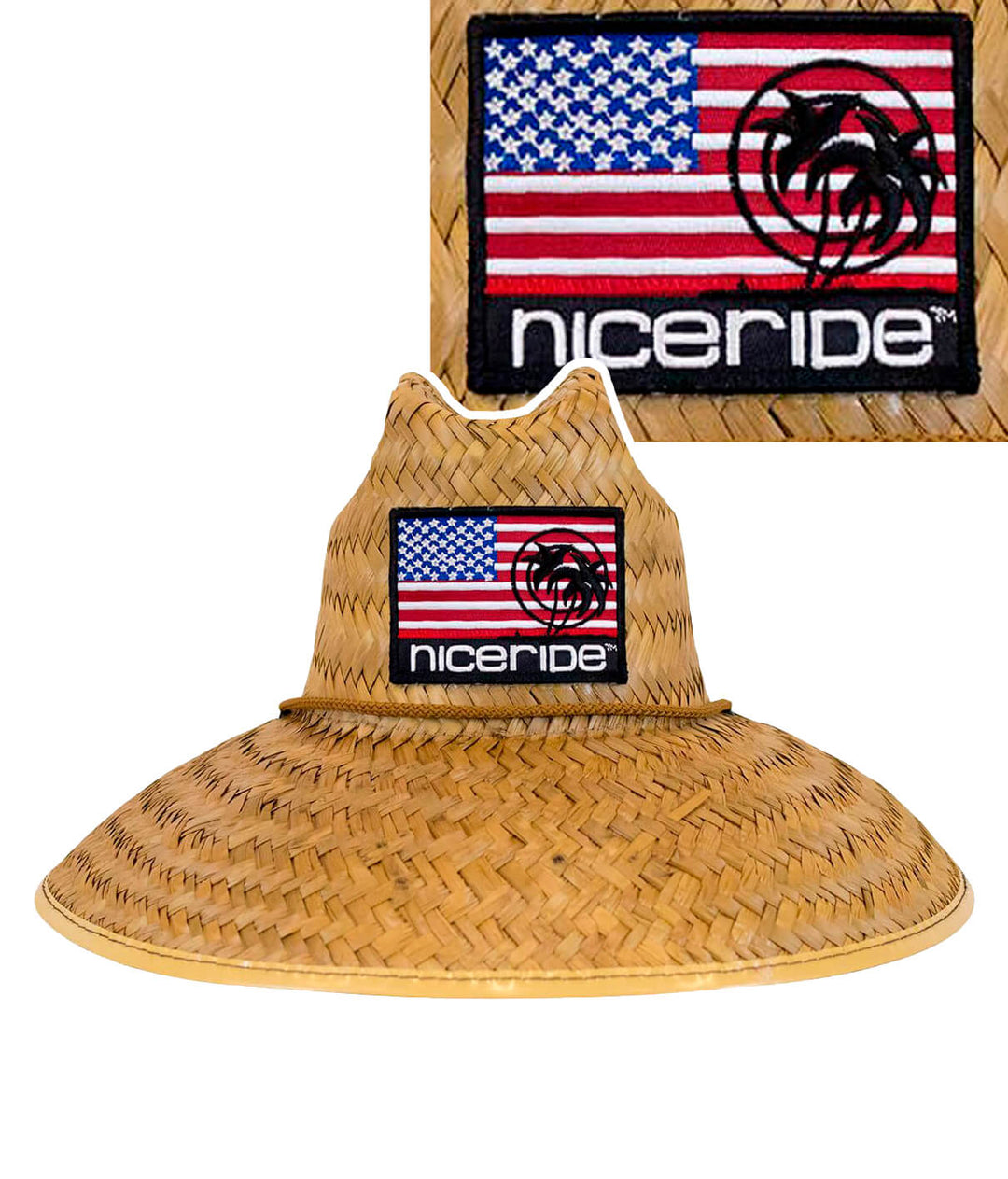 Pride straw sun hat with NICERIDE patch, unisex design, providing UV protection and ideal for beach activities.