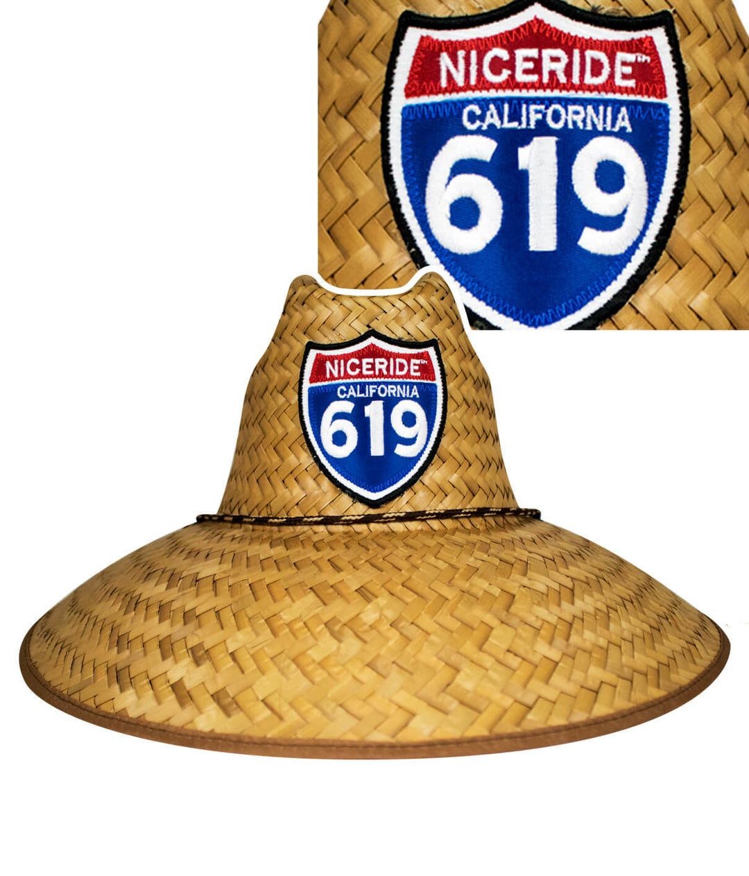 Unisex straw sun hat with NICERIDE's 'Interstate 619' patch, perfect for beach outings and sun protection.