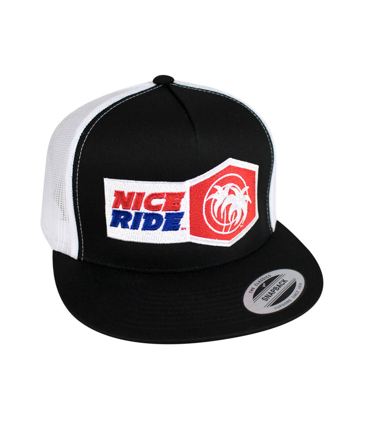 Black and white trucker baseball hat featuring NICERIDE logo, ideal for outdoor activities, a stylish hat for all occasions.