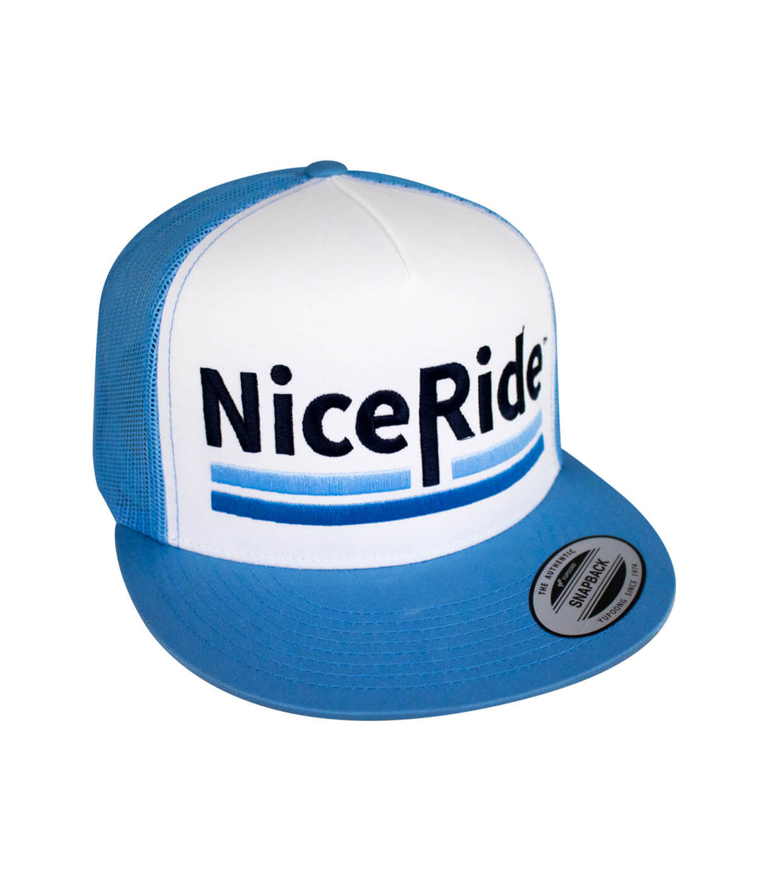 Low Tide Trucker Hat featuring NiceRide design, classic snapback baseball hat with embroidered logo.